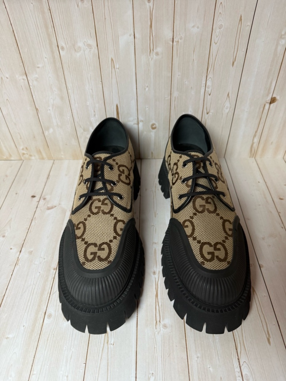 Gucci Monogram Jumbo Maxi GG Lace Up Derby Camel Ebony/Black Sz 13G / 13.5US - Picture 6 of 13
